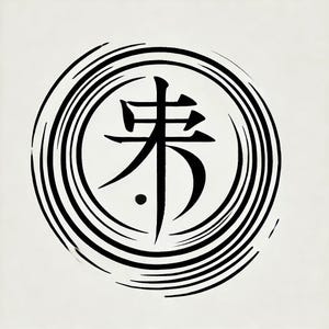 May include: Black and white illustration of the Japanese character "来" (meaning "come") surrounded by concentric circles.