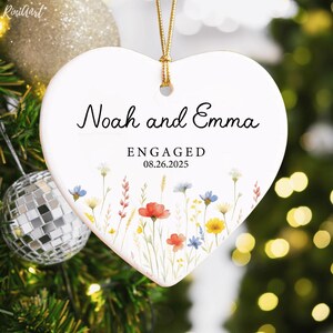 Personalized Floral Engagement Ornament 2025, Custom First Christmas Engaged Keepsake, Script Ornament with Names and Date, Couple Gift