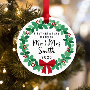 Personalized First Christmas Married Ornament,Mr&Mrs Wedding Gift,Botanical Greenery Keepsake,Newlywed Ceramic or Acrylic Holiday Decoration