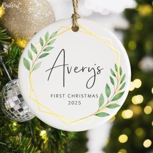 Baby&#39;s First Christmas Ornament, Personalized First Christmas Baby Keepsake, Custom Baby Name Christmas Ornament, Geometric Greenery Design