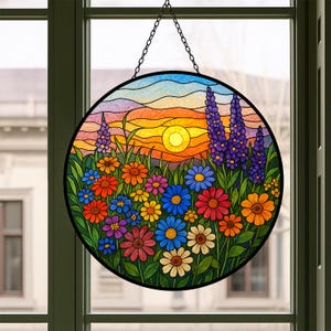 Stained Glass Sun Catcher with Mountains and Wildflowers, Hanging Window Ornament, Garden Inspired Gift for Women