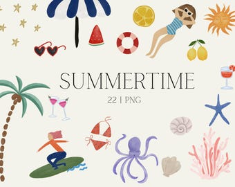 Paquete de imágenes prediseñadas de verano en acuarela: 22 imágenes PNG de vacaciones en la playa (descarga digital)