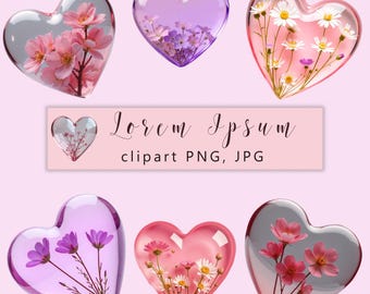 Glass Heart Flowers Clip Art, Valentine's Day PNG JPG (Digital Download)