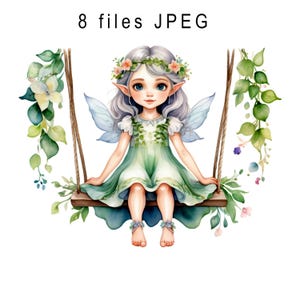 May include: A watercolor illustration of a fairy with light blue wings sitting on a swing. She is wearing a green dress with a floral crown and has light blue eyes. The swing is made of rope and wood and is surrounded by green leaves.