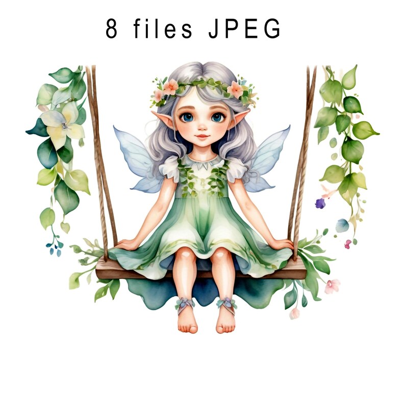 May include: A watercolor illustration of a fairy with light blue wings sitting on a swing. She is wearing a green dress with a floral crown and has light blue eyes. The swing is made of rope and wood and is surrounded by green leaves.
