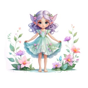 May include: A purple-haired fairy with pointed ears and a flower crown wears a light green dress with floral embroidery. She stands in a field of pink, purple, and blue flowers.