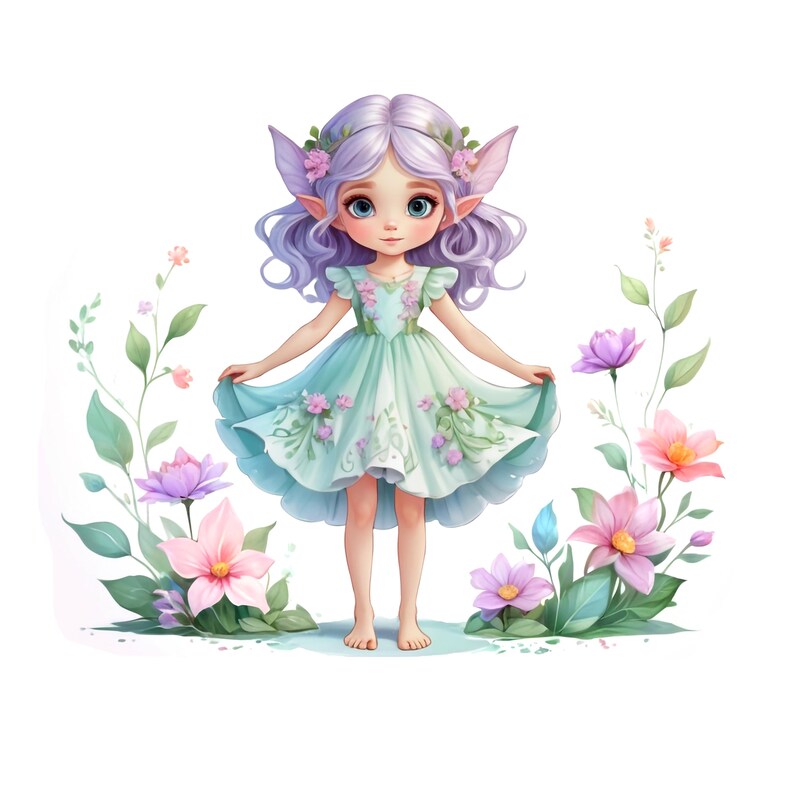 May include: A purple-haired fairy with pointed ears and a flower crown wears a light green dress with floral embroidery. She stands in a field of pink, purple, and blue flowers.