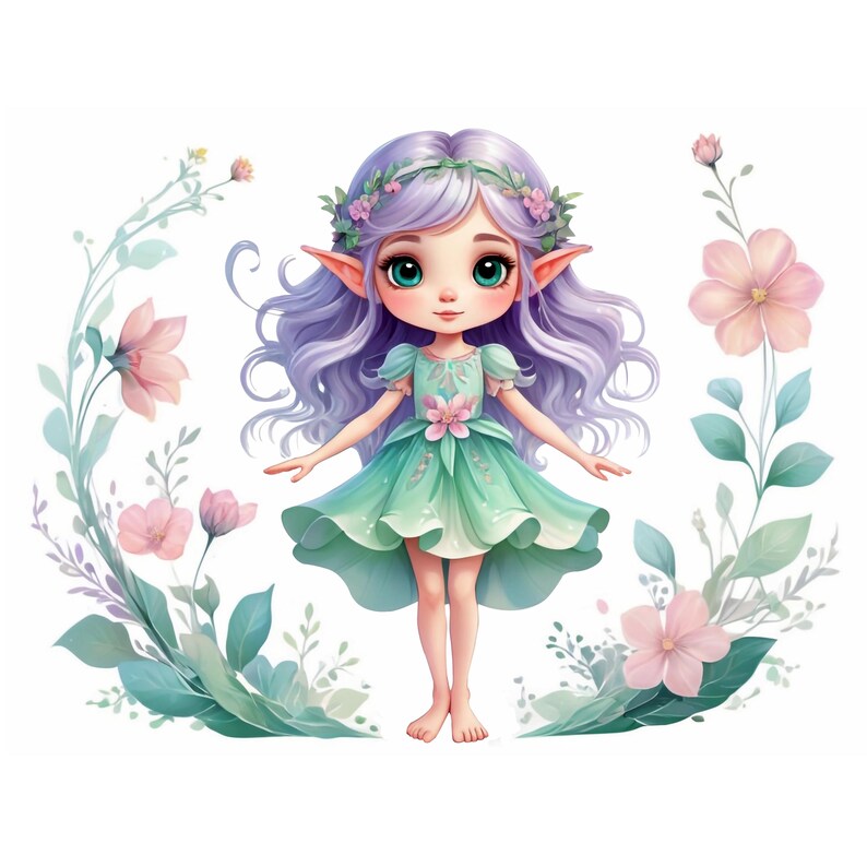 May include: A purple-haired fairy with green wings and a green dress stands in front of a floral background. The fairy has a flower crown on her head and is smiling.