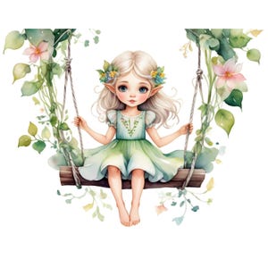 May include: A watercolor illustration of a young elf girl with blonde hair and blue eyes sitting on a swing made of vines and flowers. She is wearing a green dress with a floral pattern and has a flower crown on her head.