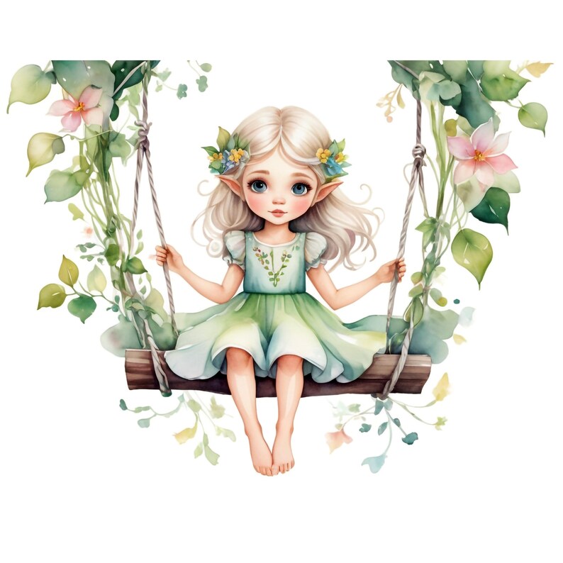 May include: A watercolor illustration of a young elf girl with blonde hair and blue eyes sitting on a swing made of vines and flowers. She is wearing a green dress with a floral pattern and has a flower crown on her head.