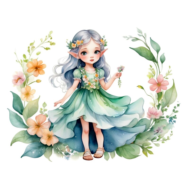 May include: A watercolor illustration of a fairy with pointed ears, wearing a green dress with floral details and a flower crown. She is holding a small bouquet of flowers and is surrounded by green leaves and flowers.