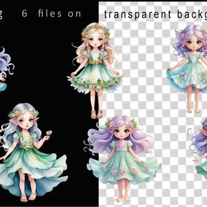 May include: Six digital illustrations of fairies with long flowing hair, wearing green dresses with floral details and flower crowns. The fairies have pointed ears and large eyes. The background is transparent.