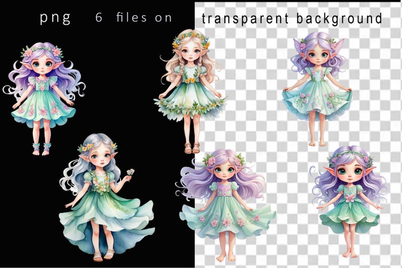 May include: Six digital illustrations of fairies with long flowing hair, wearing green dresses with floral details and flower crowns. The fairies have pointed ears and large eyes. The background is transparent.