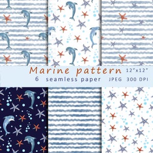 Carta digitale nautica - Motivi acquerellati senza soluzione di continuità con delfini e stelle marine - Motivi senza soluzione di continuità per tessuti, lavori di carta - Carta per scrapbooking