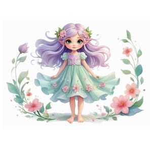 May include: A purple-haired fairy with a green dress and pink flowers in her hair stands in front of a floral wreath.
