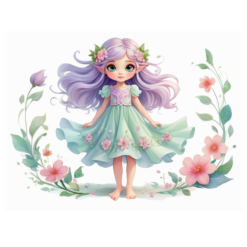 May include: A purple-haired fairy with a green dress and pink flowers in her hair stands in front of a floral wreath.
