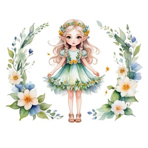 May include: A watercolor illustration of a young fairy with blonde hair wearing a green dress with yellow flowers and a flower crown. The fairy is surrounded by white and blue flowers and green leaves.