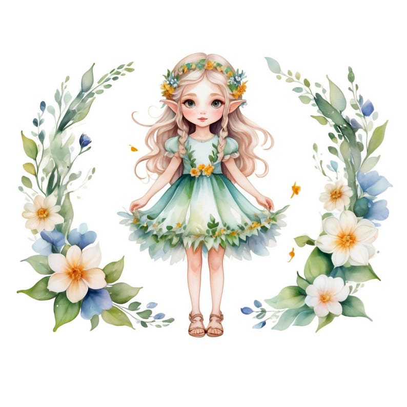 May include: A watercolor illustration of a young fairy with blonde hair wearing a green dress with yellow flowers and a flower crown. The fairy is surrounded by white and blue flowers and green leaves.
