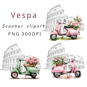 Watercolor scooter clipart with coliseum in background, Vespa clipart, Scooter PNG clipart Retro scooter clipart, sublimation commercial use