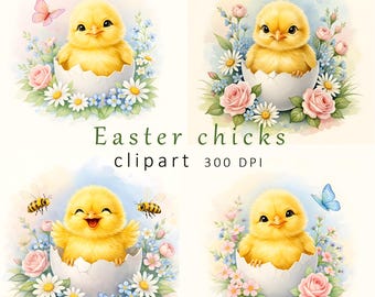 Watercolor Easter Chicks Clipart, JPEG (Digital Download)