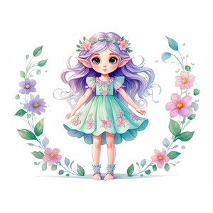 May include: A purple-haired fairy with a flower crown and a green dress with pink flowers. She is standing in front of a wreath of green leaves and pink flowers.