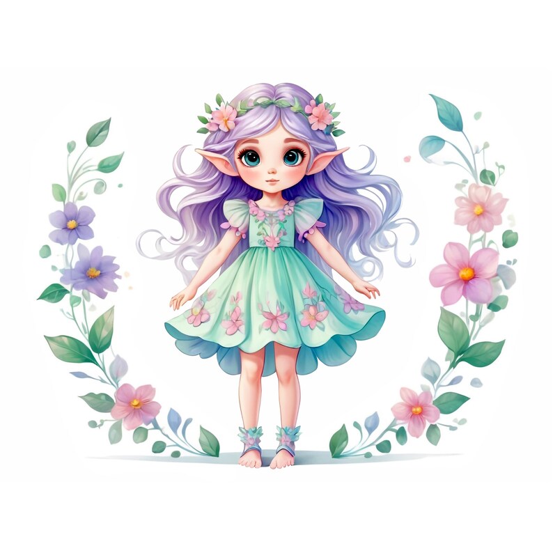 May include: A purple-haired fairy with a flower crown and a green dress with pink flowers. She is standing in front of a wreath of green leaves and pink flowers.