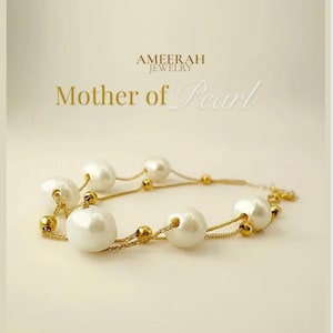 18K Solid Gold Pearl Bracelet/ Fresh Water Pearl / 2 layer with Round gold Beads /  Size 7 -  7.5  inches / Dainty Minimalist Stackable