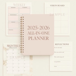 May include: A blush-colored 2025-2026 all-in-one planner with a spiral binding, surrounded by weekly, monthly, vision board, and reflection pages. The planner's cover features the text "2025-2026 ALL-IN-ONE PLANNER".