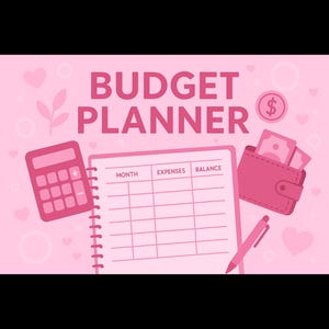 May include: Pink budget planner illustration with a calculator, wallet, pen, and dollar sign. The planner has a grid for tracking expenses, with the words "Month", "Expenses", and "Balance". The text "Budget Planner" is at the top.