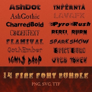 Puede incluir: Una colección de 14 fuentes con temática de fuego, como CharredBold y Rebel Burn, sobre un fondo naranja. Las fuentes están disponibles en formatos PNG, SVG y TTF.