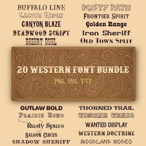 May include: A collection of 20 Western fonts displayed in various styles. The fonts are arranged around a central, textured brown rectangle with the text "20 WESTERN FONT BUNDLE". Additional text includes "PNG, SVG, TTF".