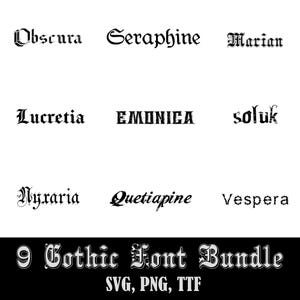 9 Gothic Font Bundle TTF, SVG, PNG - Letters and Numbers, English Fonts, Cricut Fonts, Canva Fonts, Old English Font