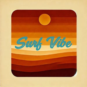 May include: A square graphic with a retro design. The image features horizontal stripes in shades of orange and brown, with a yellow sun at the top. The words "Surf Vibe" are written in blue script across the center.