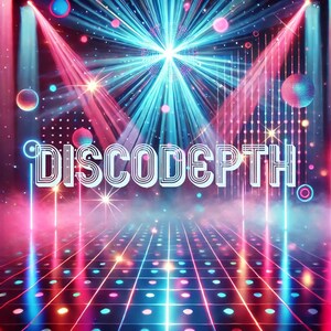 Può includere: Illustrazione digitale di una scena disco. L'immagine presenta la parola "DISCODEPTH" in un font stilizzato, con una pista da ballo illuminata da luci colorate, tra cui raggi rosa, blu e rossi. Sfere e stelle contribuiscono all'atmosfera festosa.