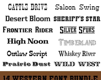 14 Western Font Bundle PNG/SVG/TTF – Rustic Cowboy Fonts, Wild West Lettering, Vintage Rodeo Style, Cricut & Canva Ready