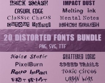20 Distorted Fonts Bundle | Glitch Grunge Horror Fonts | PNG SVG TTF | Cricut Fonts | Edgy Display Fonts | Street Punk Typography Pack