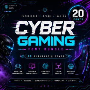 May include: A digital graphic for a Cyber Gaming Font Bundle featuring 20 futuristic fonts. The text reads Cyber Gaming Font Bundle with icons for gaming, streaming, tech, logos, and multilingual support, set against a dark background.