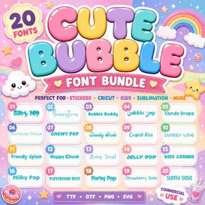 May include: A digital font bundle graphic titled CUTE BUBBLE FONT BUNDLE featuring 20 distinct font styles labeled 01 through 20. The design includes pastel colors, a rainbow, clouds, stars, and hearts, with text indicating TTF, OTF, PNG, and SVG formats.