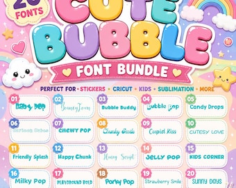 Cute Bubble Font Bundle | 20 Kawaii & Cartoon Fonts | Kids, Cricut, Stickers, Sublimation, T-Shirt Design Fonts | PNG SVG TTF