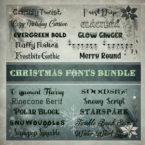 May include: A digital graphic featuring a collection of Christmas fonts. The fonts vary in style, including cursive, bold, and decorative options. The words "Christmas Fonts Bundle" are also displayed. The image has a vintage, textured background with decorative elements.