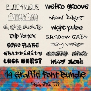 14 Graffiti Font Bundle | Urban Street Style Fonts | PNG SVG TTF | Spray Paint Hip Hop Lettering Pack