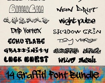 14 Graffiti Font Bundle | Urban Street Style Fonts | PNG SVG TTF | Spray Paint Hip Hop Lettering Pack
