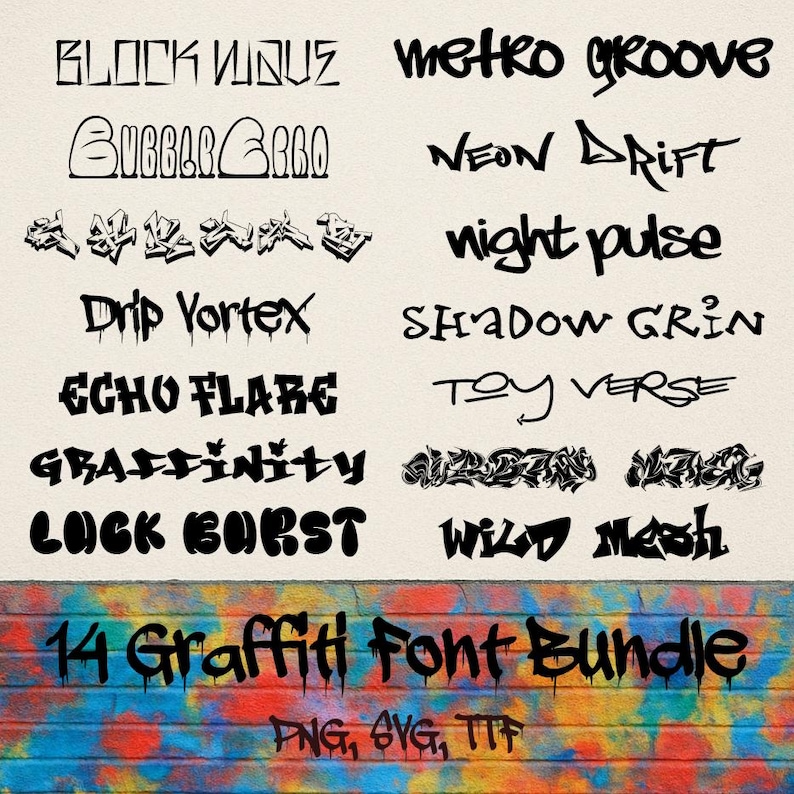 May include: A selection of 14 graffiti fonts in black, presented on a beige backdrop. Font names include "Block Wave," "Metro Groove," and "Neon Drift." The image also features the text "14 Graffiti Font Bundle" and file type details, such as PNG, SVG, and TIF.
