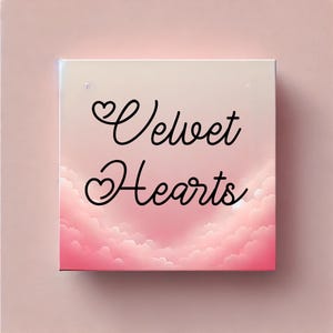 May include: A pink and white background with clouds and the text "Velvet Hearts" in black cursive font with a heart symbol before each word.