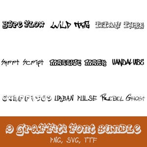 9 Graffiti Font Bundle PNG, SVG, TTF – Street Style Letters & Numbers, Urban Script Fonts, Cricut Fonts, Canva Fonts, Bold Tagging Fonts
