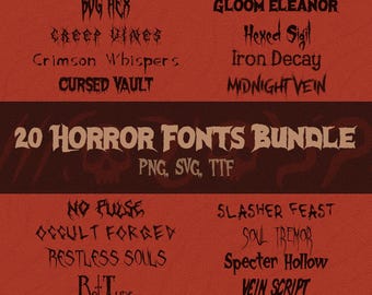 Zestaw 20 czcionek z motywami horroru | Straszne, przerażające, gotyckie, halloweenowe, upiorne, przygnębiające, krwawe, grunge'owe, pakiet czcionek z motywami horroru do projektów Cricut i Design