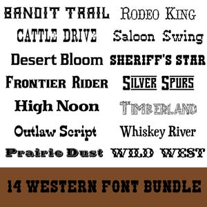 14 Western Font Bundle PNG/SVG/TTF – Font da cowboy rustici, scritte del selvaggio West, stile rodeo vintage, pronti per Cricut e Canva