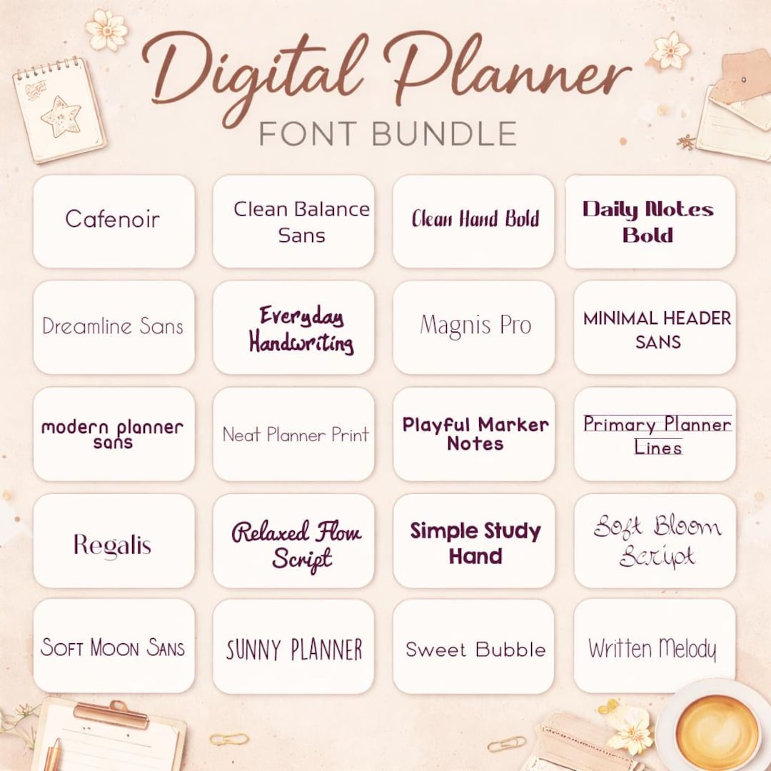 Planner Lettering Designs Digital Planner Font Bundle | 20 Planner & Journal Fonts for Goodnotes ...