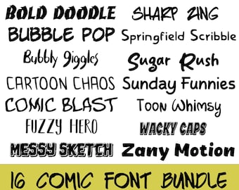 16 Comic Font Bundle PNG/SVG/TTF, Fun Cartoon Fonts, Playful Lettering, Bold & Whimsical, Cricut and Canva Compatible
