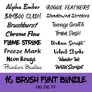 May include: A white background displays a collection of 16 brush fonts in black. Each font is showcased with its name, such as "Alpha Ember" and "Rogue Feathers." The text "16 Brush Font Bundle" is at the bottom, along with file type information.
